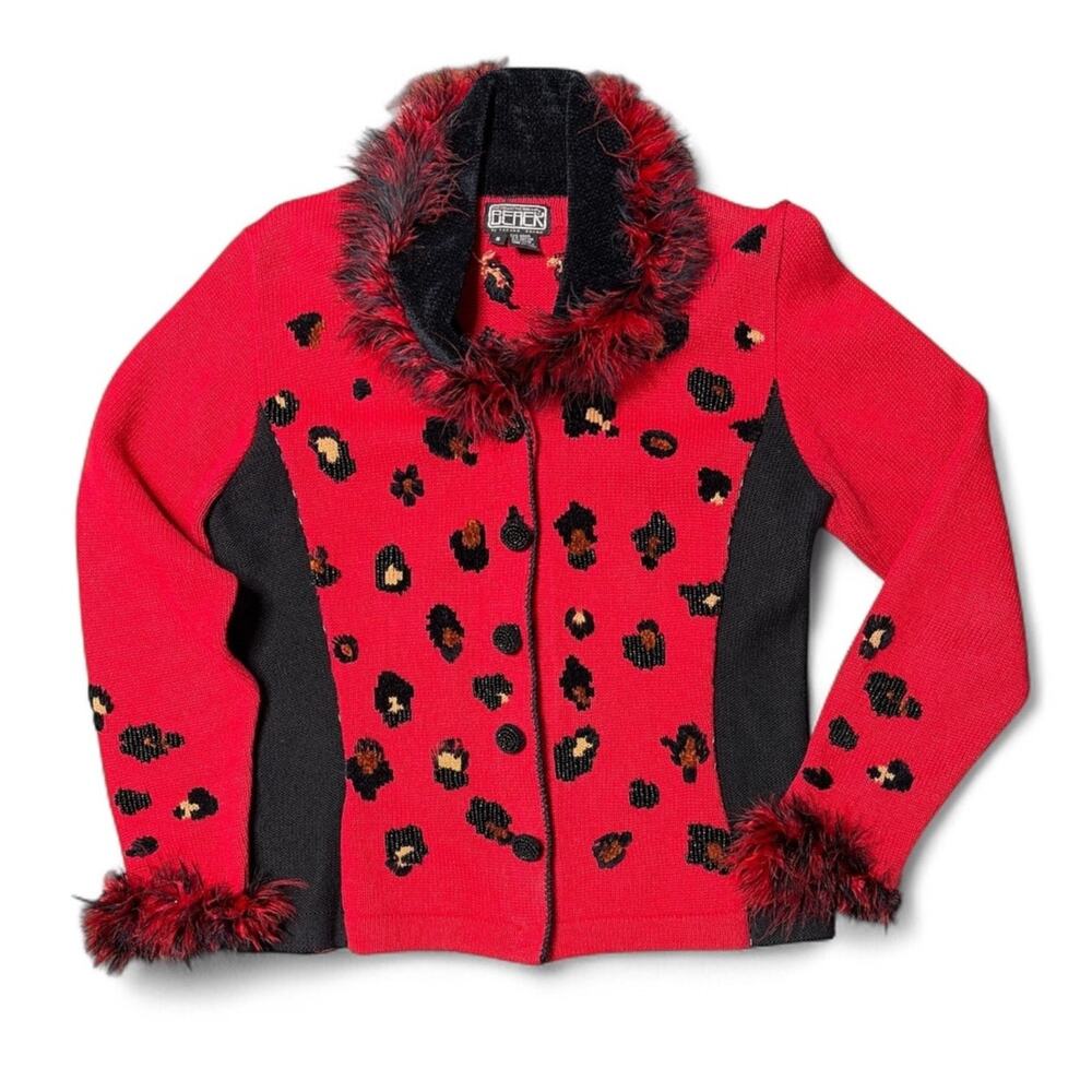 Berek Vintage Animal Print Red Cardigan Furry Accents size S